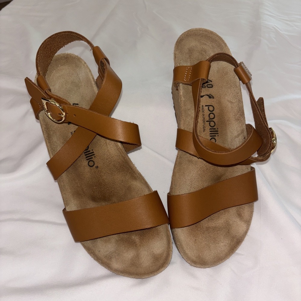 Papillio by Birkenstock Sibel Wedge Sandals Ring Buckle Cognac womens Sz 9